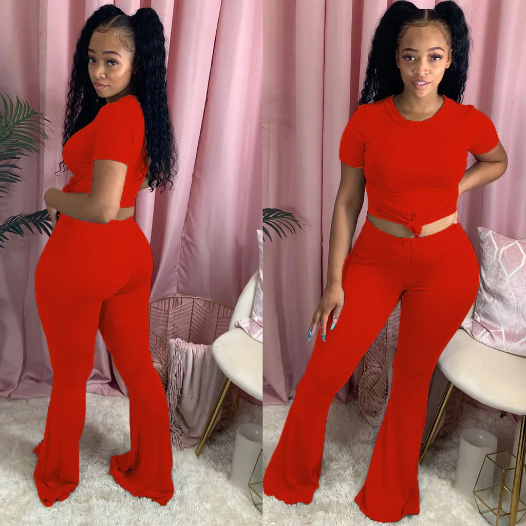 

Summer New Women's Casual T-Shirt Two-Piece Suit Sexy Solid Color Cute Wide-Leg Pants Suit