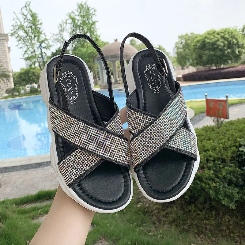 Прямая поставка женские сандалии стразы на плоской подошве платформе с