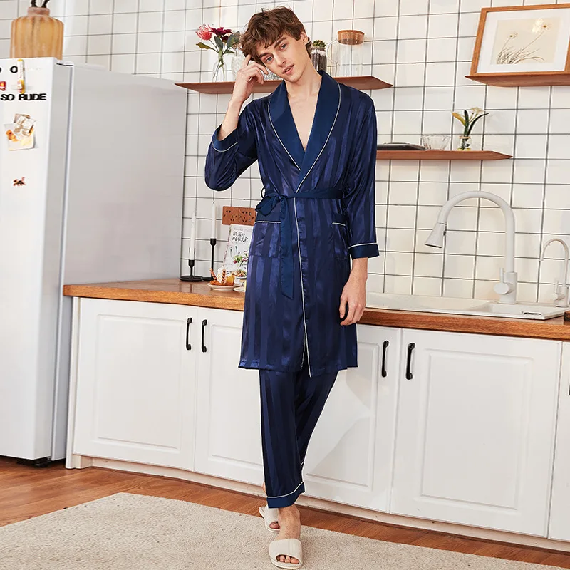 Роскошный мужской пижамный комплект из двух предметов, вискозная полосатая пижама с длинными брюками, Модный повседневный банный халат, сп... от AliExpress WW