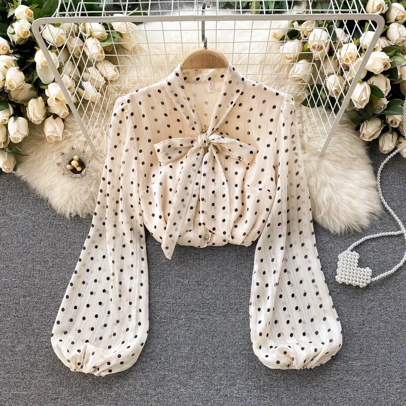 

Pinkou Women Sweet Polka Dot Blouse Bow Tie Collar Long Sleeve Shirts With Lining Office Wear Casual Tops Blusas LA172