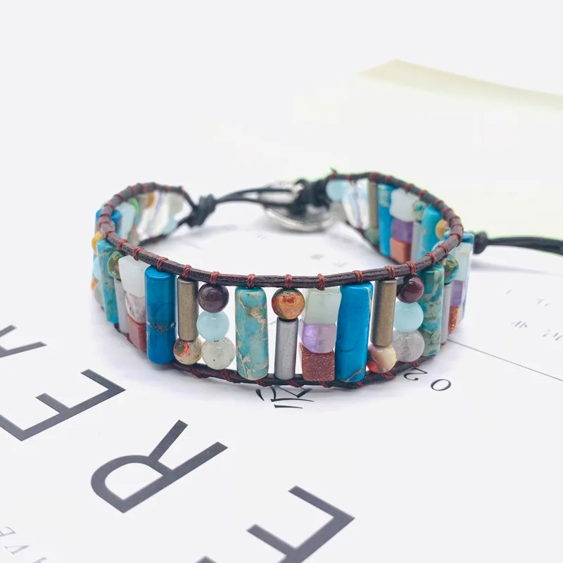 

Blue Ocean Stone Lovers Multi Layer Beaded Bracelet DIY Creative Stone Woven Leather Bracelet Bracelets for Women Jewelry