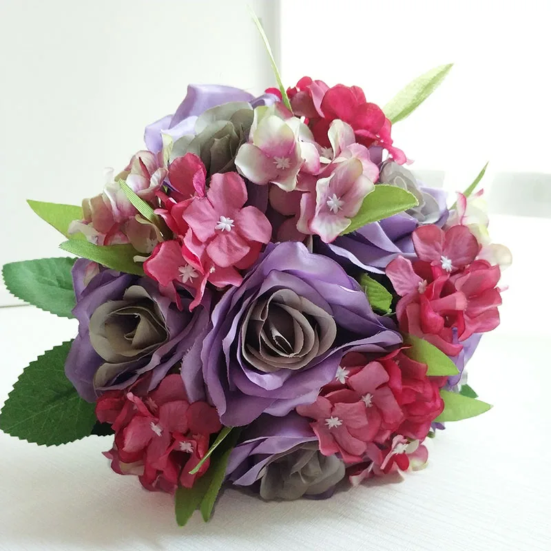 Purple Bouquet LKY Fr Свадебный букет цветы для свадебного букета Свадьба шелковые розы Гортензия розовый синий букет подружки невесты украшения Аксессуары - Цвет: Purple Bouquet