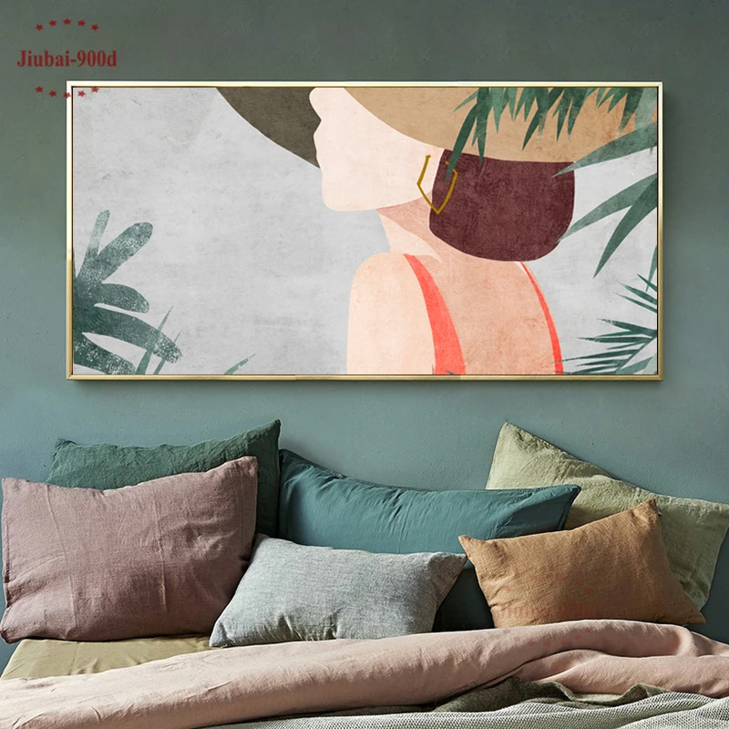 

Nordic Character Girl Plant Leaf Horizontal Canvas Painting Wall Art Home Decor Posters and Prints Wall Pictures For Living Room