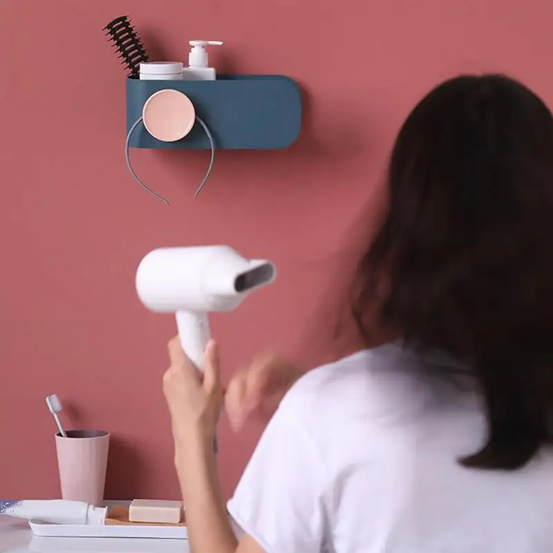 

Hair Dryer Holder Wall Mounted Plastic Self-adhesive Storage Rack Kitchen Bathroom Organizer Hair Dryer Shelves Home Organizer