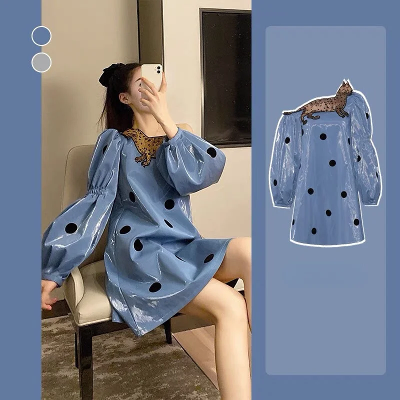 

Korean Style Loose Sweet Cute Princess Dress French Retro Polka Dot Leopard Puff Sleeve Lantern Long Sleeve Dress