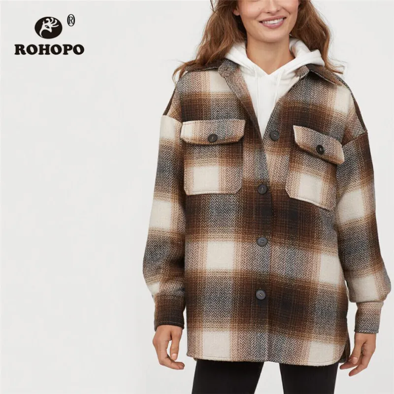 ROHOPO отложной воротник клетчатая твидовая осенне зимняя куртка пальто пуговицы