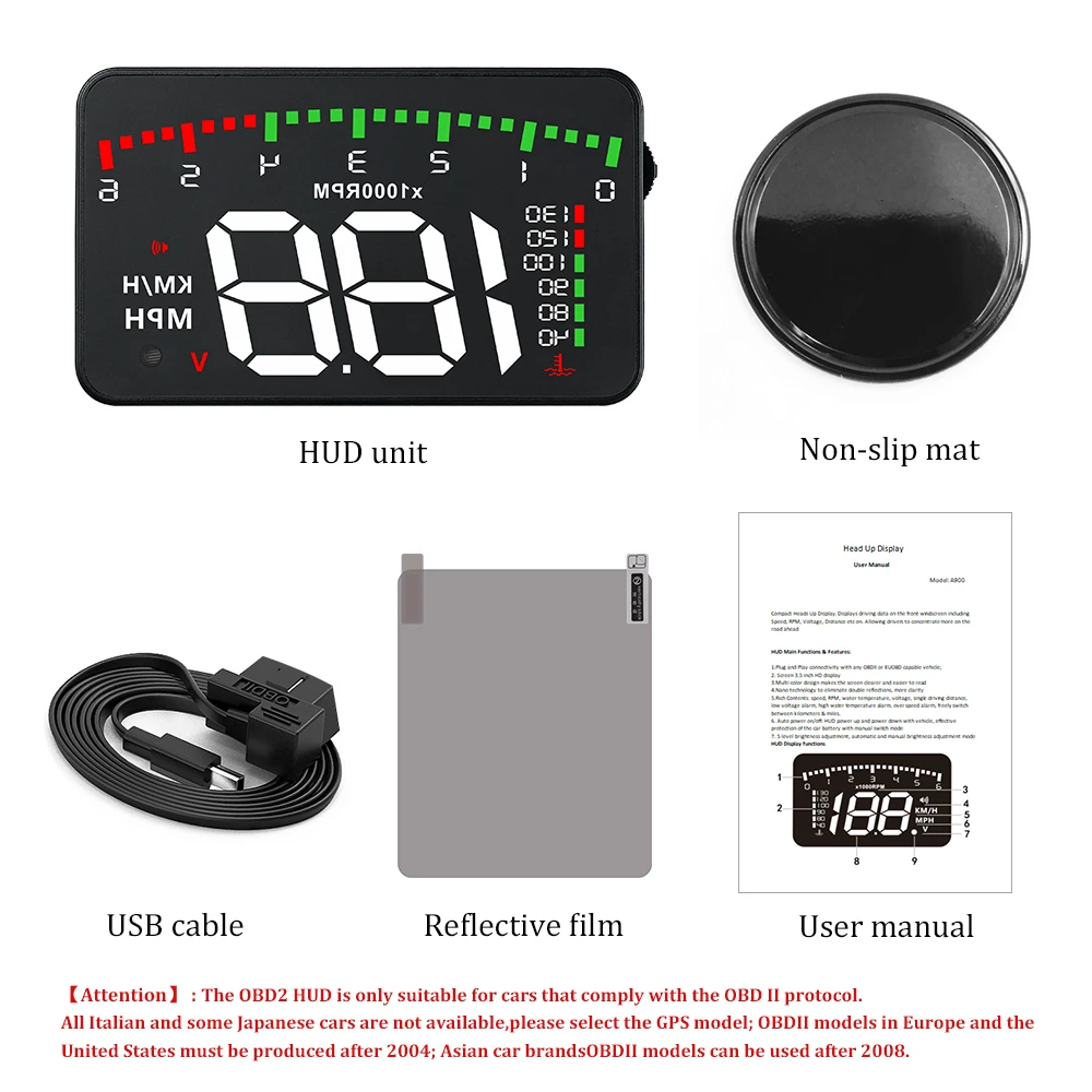 

A900 HUD Head-Up Display Car-Styling Overspeed Warning Windshield Projector Alarm System Universal Auto