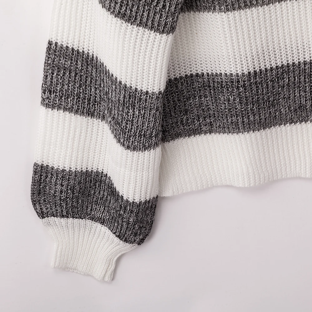 

Sweater For Women 2020 Autumn Winter Lantern Sleeve Loose Basic Style Stripe Sweater Lady Knitted Pullover O Neck Clothes