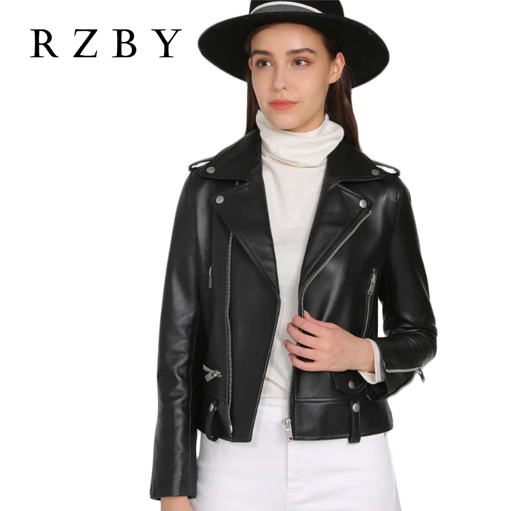 RZBY Winter Fashion Rivet Locomotive Black Zipper Lapel Genuine Women's Slim 100% Real Sheep Leather Jacket Coat