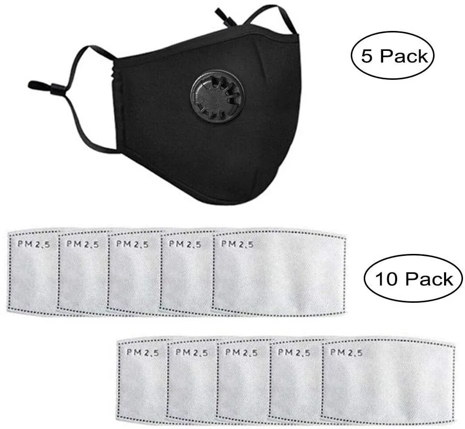 

5 PCS Face Mask With 2 PCS Filters PM2.5 Washable Reusable Face Mouth Cover Carbon Filter Valving Face sheild Mascarilla