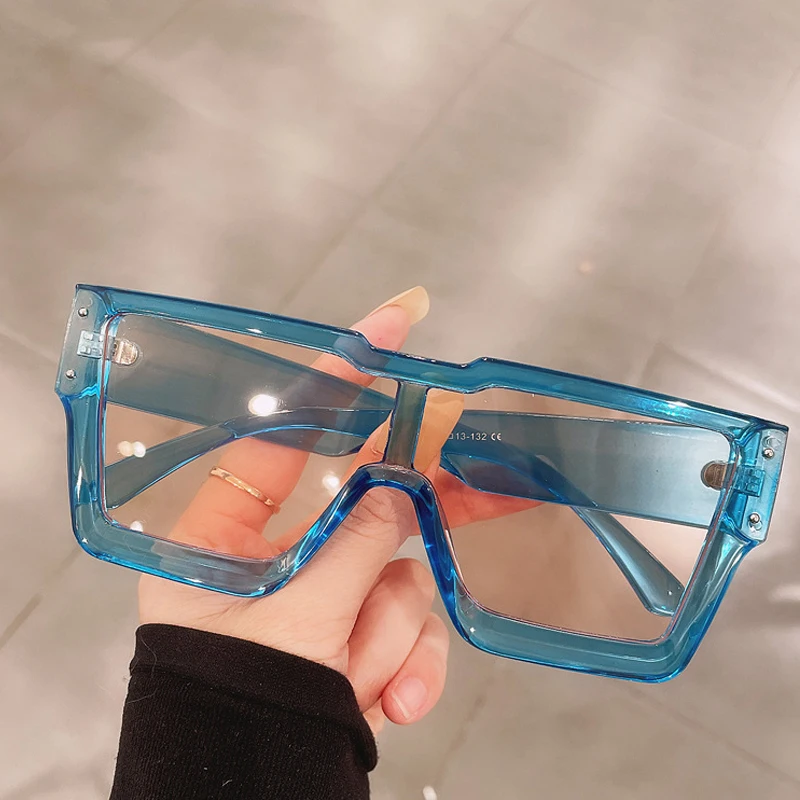 

Vintage Clear Frame Oversized Square Sunglasses For Women New Fashion Brand Blue Green One Peice Sun Glasses Men Retro Big Shade