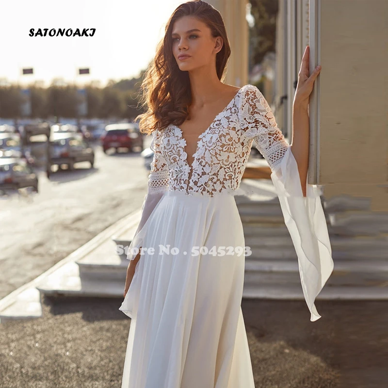 

Женское винтажное свадебное платье It's yiiya, белое шифоновое платье с глубоким V-образным вырезом, длинными рукавами, кружевной наряд в стиле б...