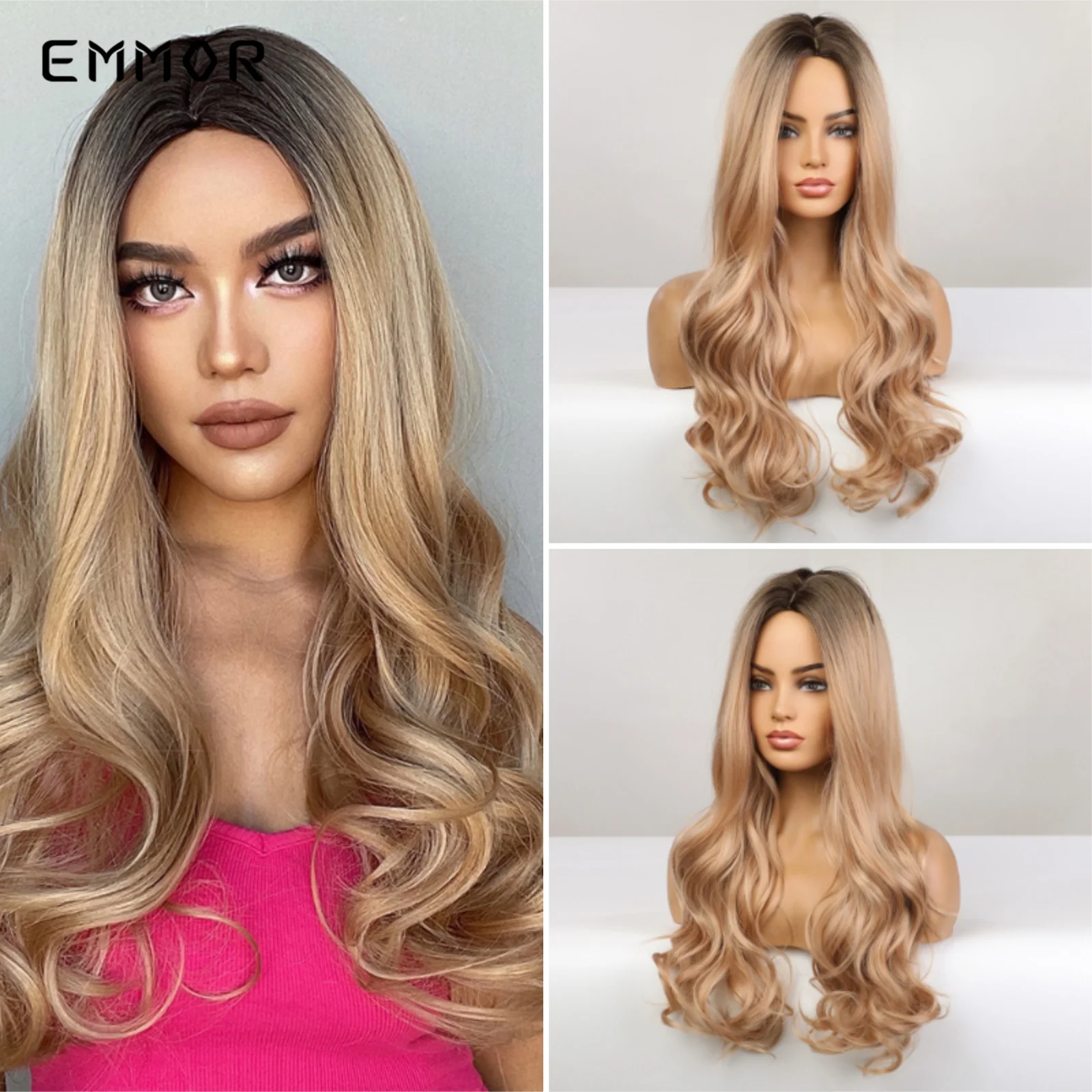 Emmor Long Wavy Hair Wig Ombre Brown to Blonde Synthetic Wigs for Women Natural Middle Part Heat Resistant Hair Cosplay Wigs