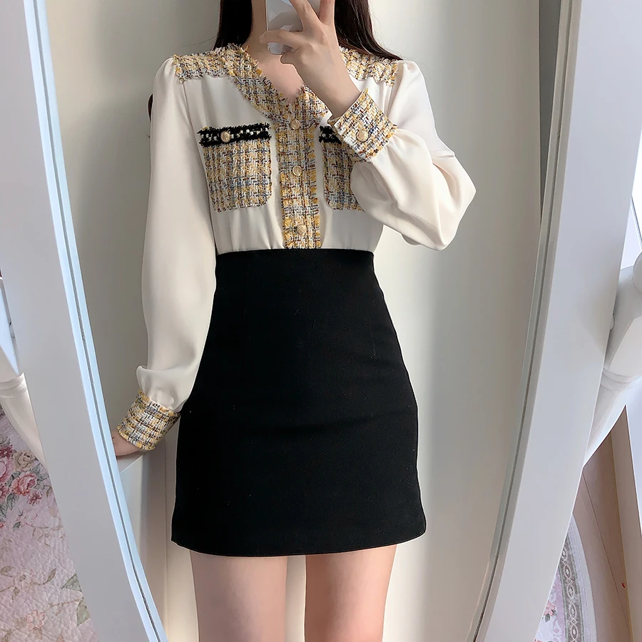 

Chiffon Blouse Women Clothes Elegant V-Neck Plaid Spring Autumn Korean Fashion Patchwork Pocket Female Office Shirt Chic Tops
