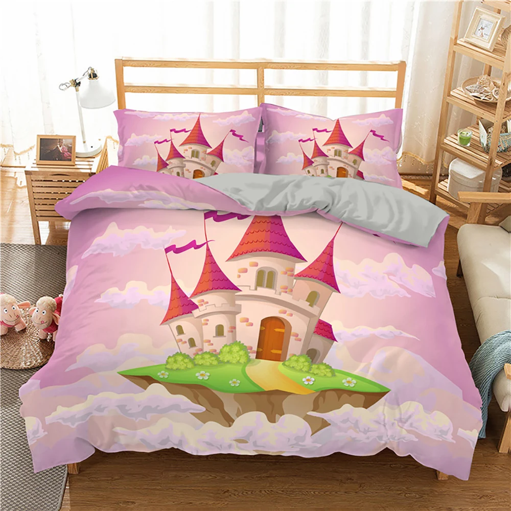 

Комплект постельного белья с милым мультяшным розовым замком, пододеяльник с воздушным шаром, Королевский размер, постельное белье, 3D принт...