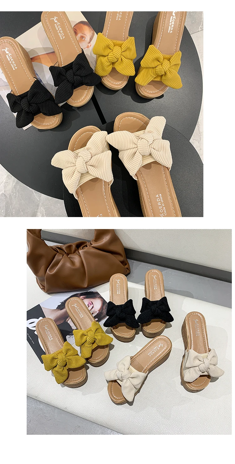 

BRKWLYZ New Beauty Women Wedge Slippers Suede Bow Platform Shoes Ladies Slip-on Open toe Fashion Thick Bottom Slippers va783