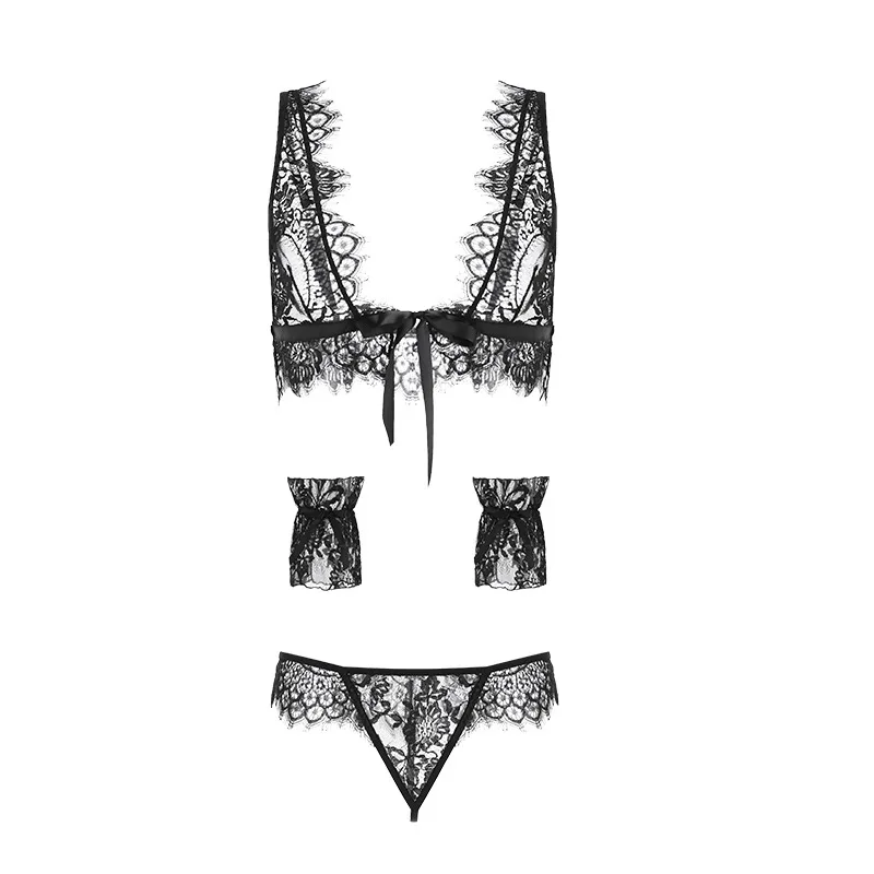 

Female black sexy thin tether underwear halter lace perspective bra set sexy lingerie three-piece set one size
