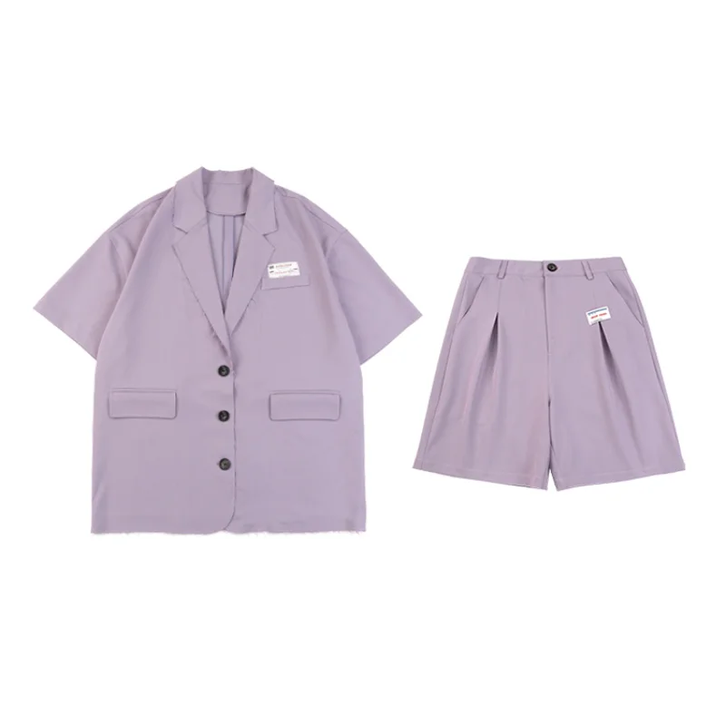 

Women's Loose Short Sleeve Purple Blazer Midi Suit Coat Set 2021 Summer Thin Five-Point Short Pants Suits Two-Piece Shorts Suit