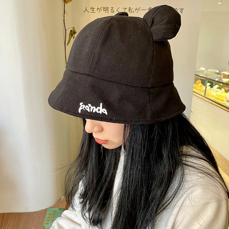 

New Candy Color Letter Ear Panda Bucket Hats For Womenn Fashion Cute Panama Caps Cotton Fishing Hats Fall Winter Bonnet Bob 2021
