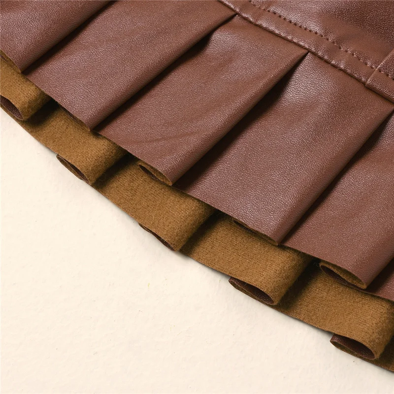 

2021 Spring Autumn 2Pcs Clothes Set Girls Casual Black Solid Color Long Sleeve Round Collar Top+Black/ Brown Short Skirt