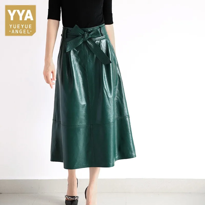 

Vintage High Waist Butterfly-Knot Sashes Long Skirts 100% Natural Leather Sheepskin Skirts Luxury Elegant Pockets Skirts Women