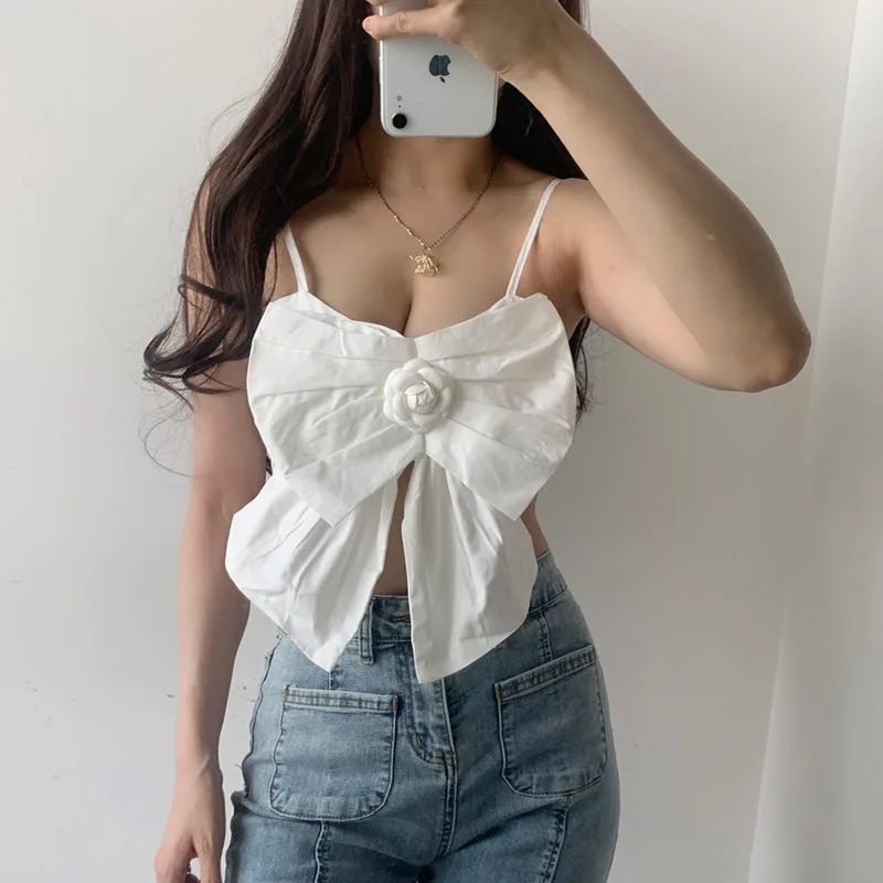 

Женские летние топы womtecha, новые корейские французские универсальные 3D украшения в виде цветка, бабочки, пупка, женская розовая 0B6F