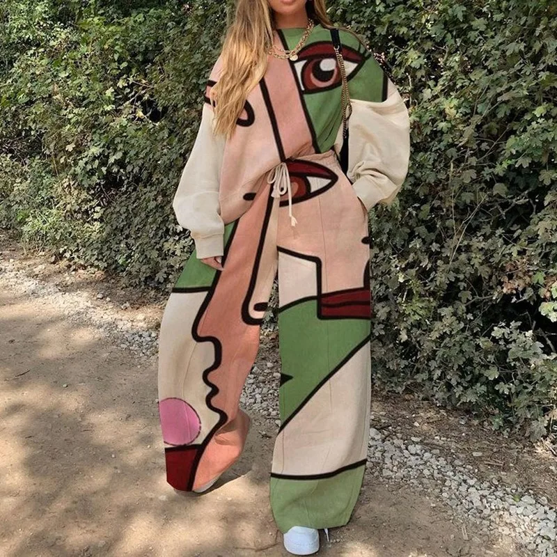 

Abstract Face Print Two Piece Set Women Vintage Casual Loose Long Sleeve Fashion Tops Long Pants Suit Plus Size Fall Spring 2021