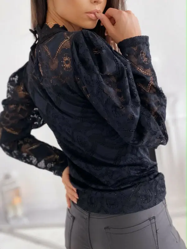 

Fashion Women Solid Hollow Lace Floral Tops Turtleneck Blouse Long Sleeve Pullover Autumn Tops