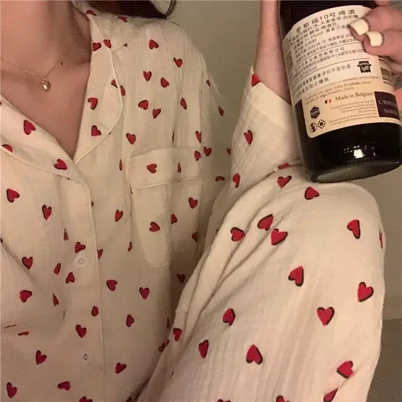 

QWEEK Sleepwear Women's Cotton Red Heart Print Pijama Long Sleeve Autumn Pajamas Female Set Korean Pyjamas Negligee Cardigan Pjs