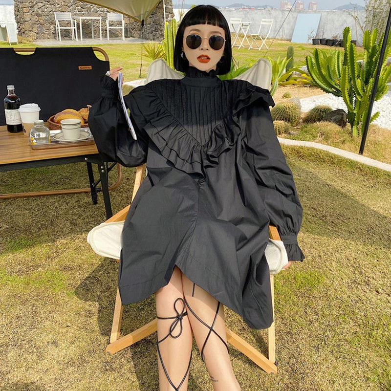 

Sister Fara New Spring 2021 Ruffled Pleated Dress for Women Loose Straight Knee-Length Dress Female Solid Long Sleeve Dresses