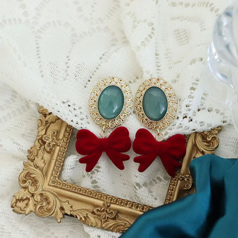 

Fashion Velvet Bow Drop Earrings For Women Temperament Green Gemstone Red Gold Earring Girls Party Christmas Jewelry Gifts