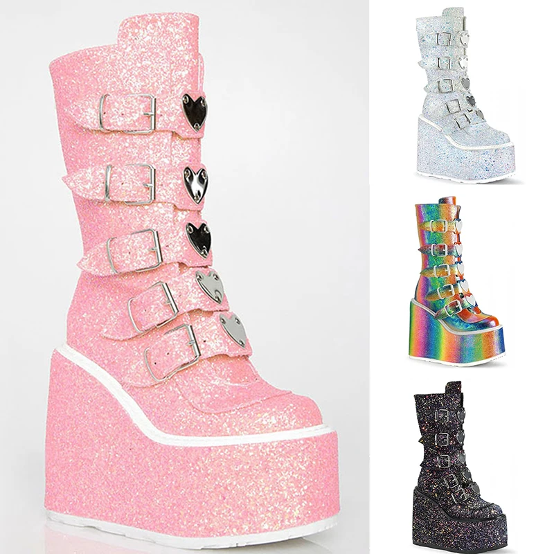 

Boots For Women 2022 Female Motorcycle Boots Flat Heel Round Toe Zip Super High Heel With Buckle High Platform Mid-Calf Boot