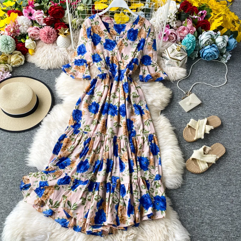 Женское шифоновое платье с широким рукавом летнее цветочным принтом и оборками