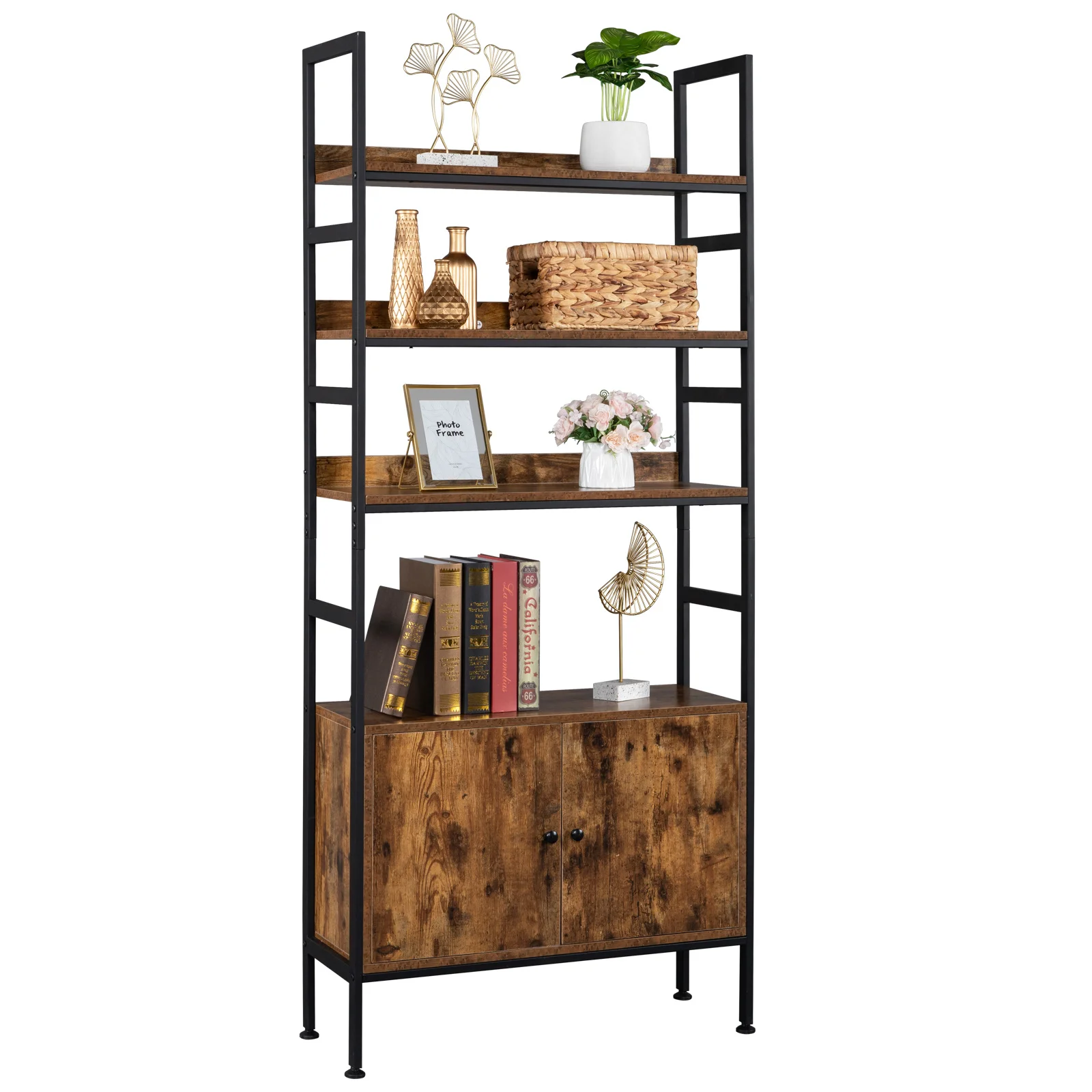 

Bookshelf Industrial Bookcase 79x30x182CM with 2 Cabinets 3-Tier Free Standing Open Shelf Display Storage Rack[US-Stock]