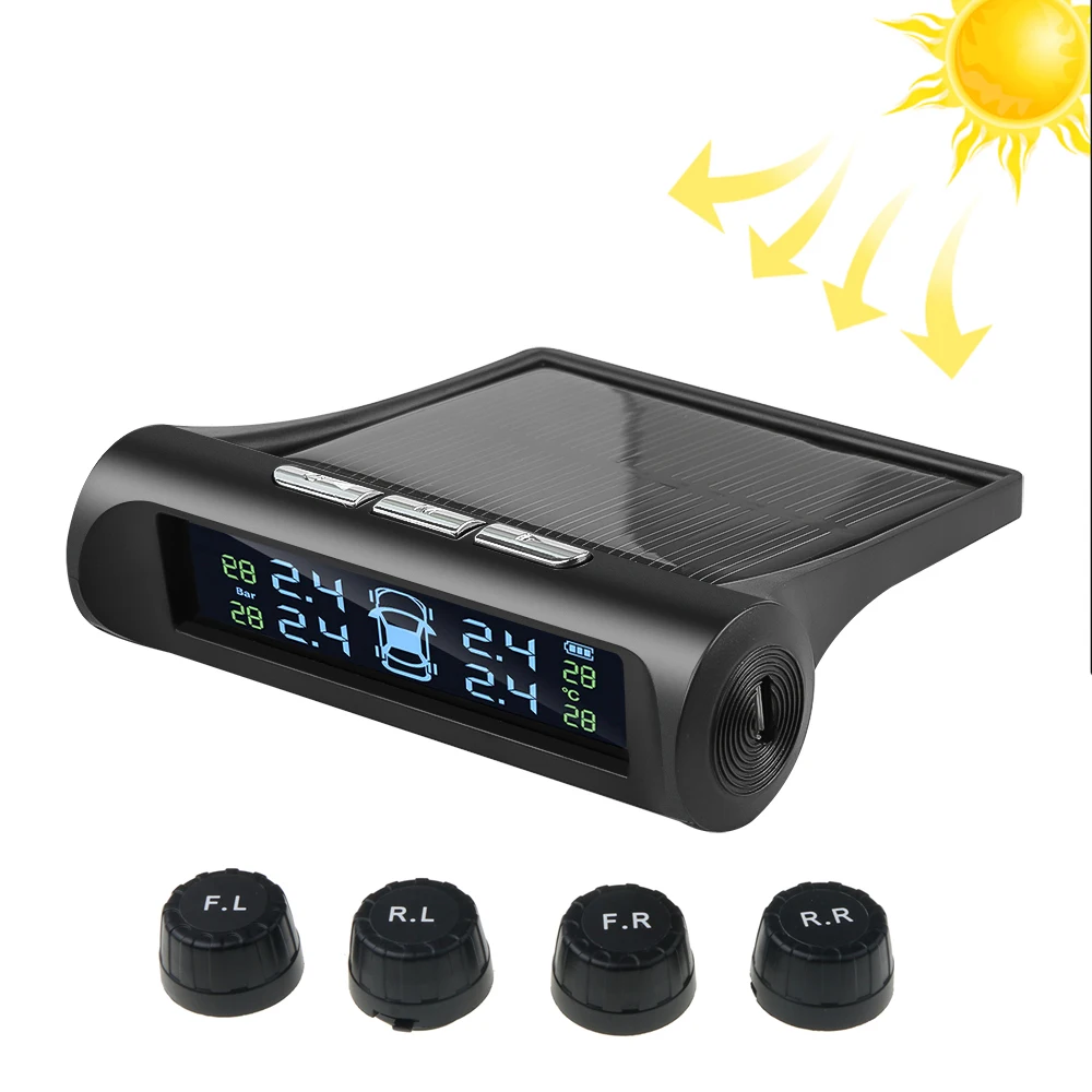 

Smart Solar Power TPMS Car Tire Pressure Monitor System Real Time Tire Presure Display Wireless 4 External Sensors Dropshipping