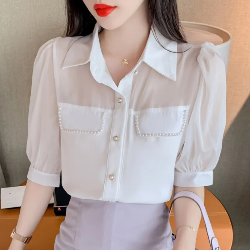 

#4759 White Black Short Chiffon Shirt Women Puff Sleeves Lapel Collar Sexy Basic Shirt Women Transparent Office Shirt Female