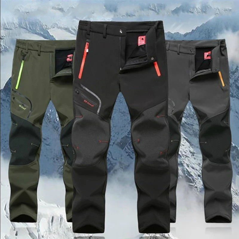 Men's Waterproof Casual Outdoor Cargo Pants Camping Trekking Sport Trousers Male Winter Warm Plus Velvet Soft Shell Hiking Pants