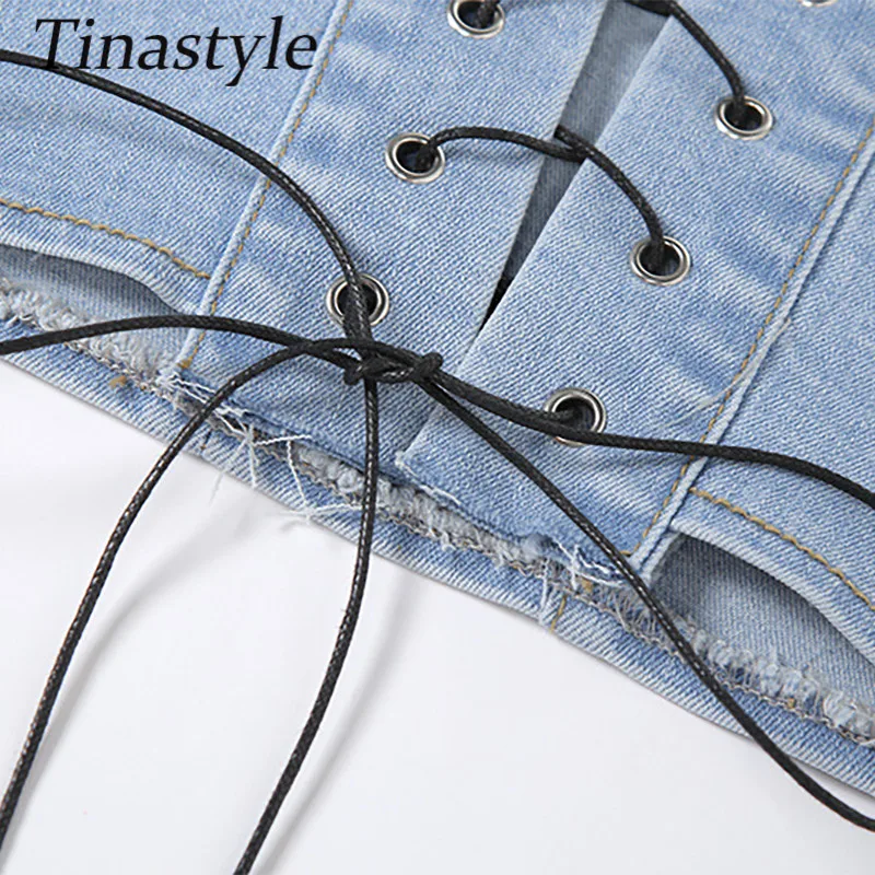 

Tinastyle Lace Up Denim Crop Top Women Off Shoulder Strapless Skinny Short Summer Tank Top Solid Casual Party Camis With Pockets