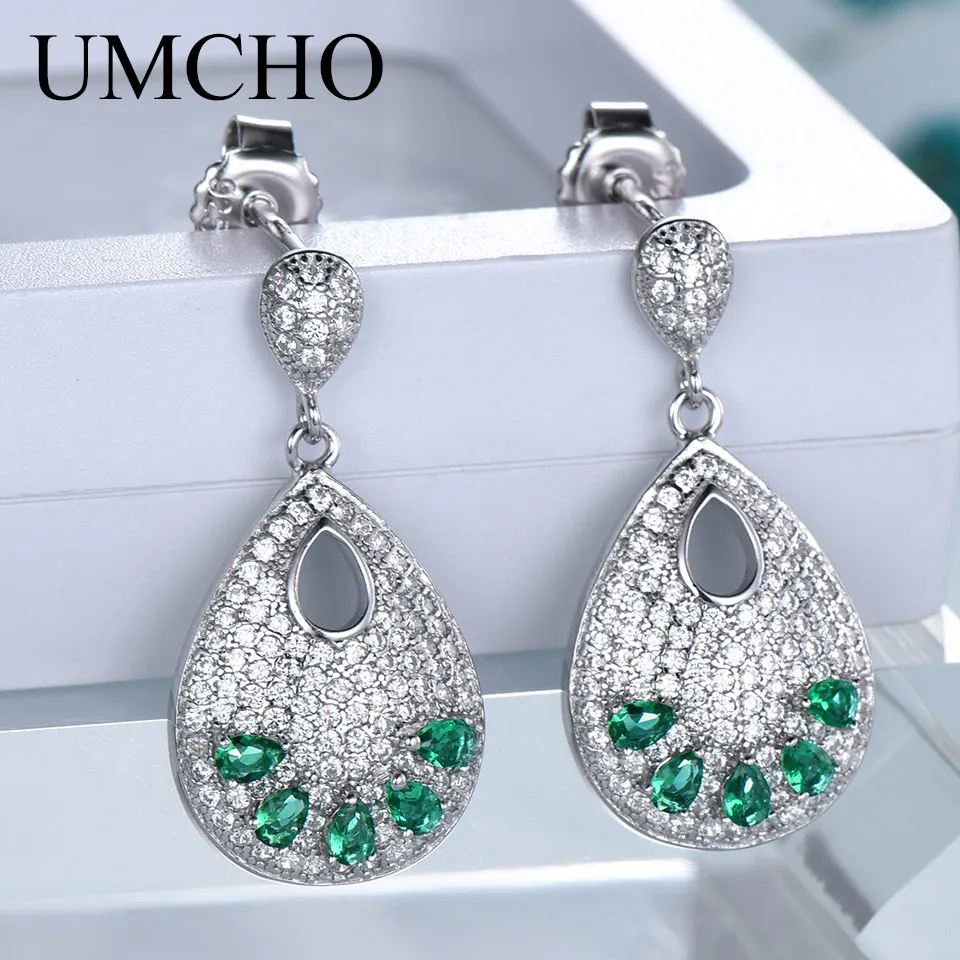 

UMCHO Water Drop Created Emerald Jewelry Solid 925 Sterling Silver Gemstone Drop Earrings For Women Wedding Gift Fine Jewelry