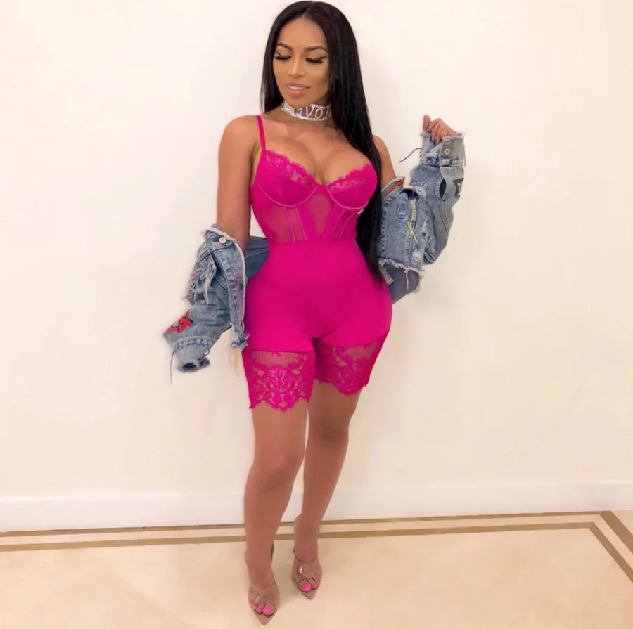 rosy playsuit Adogirl прозрачный кружевной лоскутный комбинезон на бретельках для женщин, сексуальный бюстье, шорты, комбинезон, комбинезон для ночного клуба, Вечерние боди - Цвет: rosy playsuit
