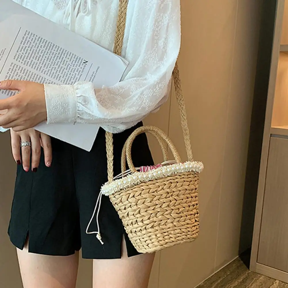 Женская сумка ведро богемный Модный с жемчугом ручной работы Соломенная