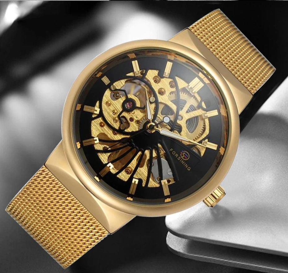Forsining Transparent Case 2019 Fashion 3D Logo Engraving Golden Stainless Steel Men Mechanical Watch Top Brand Luxury Skeleton | Наручные