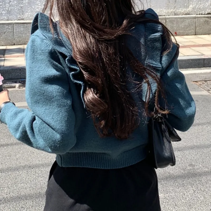 

2021 Korean Fashion Knitted Cardigan Autumn New Vintage Clothes Auricularia Edge Sweater Short Long Sleeve Top Casual Solid Coat