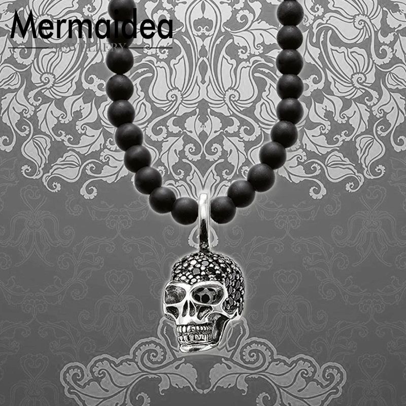 Ожерелье с подвеской в виде черепа бусины из обсидиана модное посеребренное