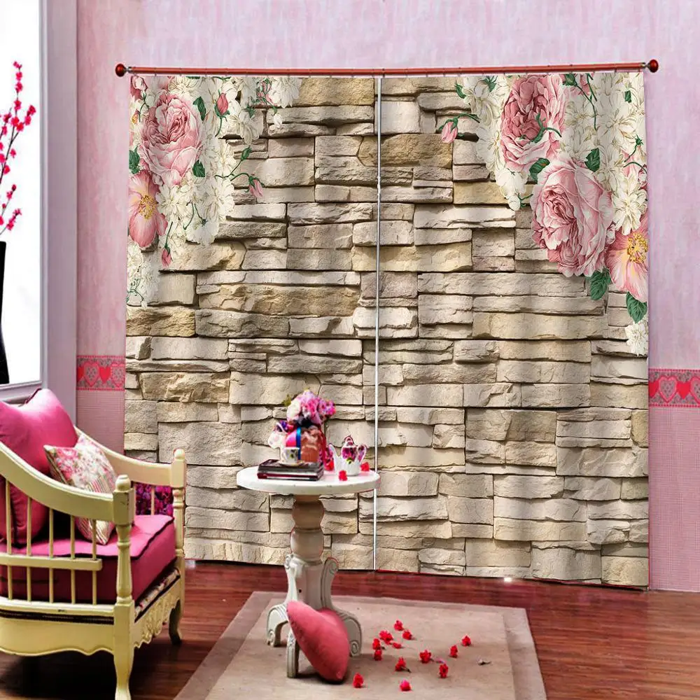 Фото Бежевая кирпичная стена Пион цветок 3D занавеска для гостиной - купить