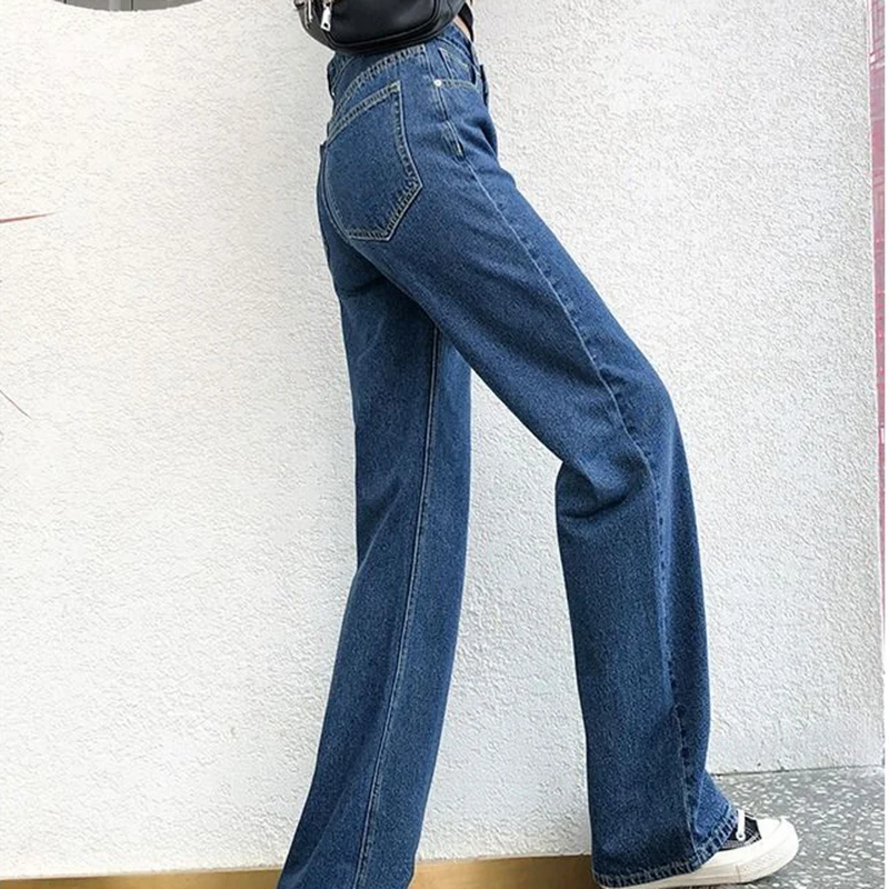 Джинсы женские с широкими штанинами, длинные однотонные винтажные брюки из денима с завышенной талией в Корейском стиле, модные Универсаль... от AliExpress WW