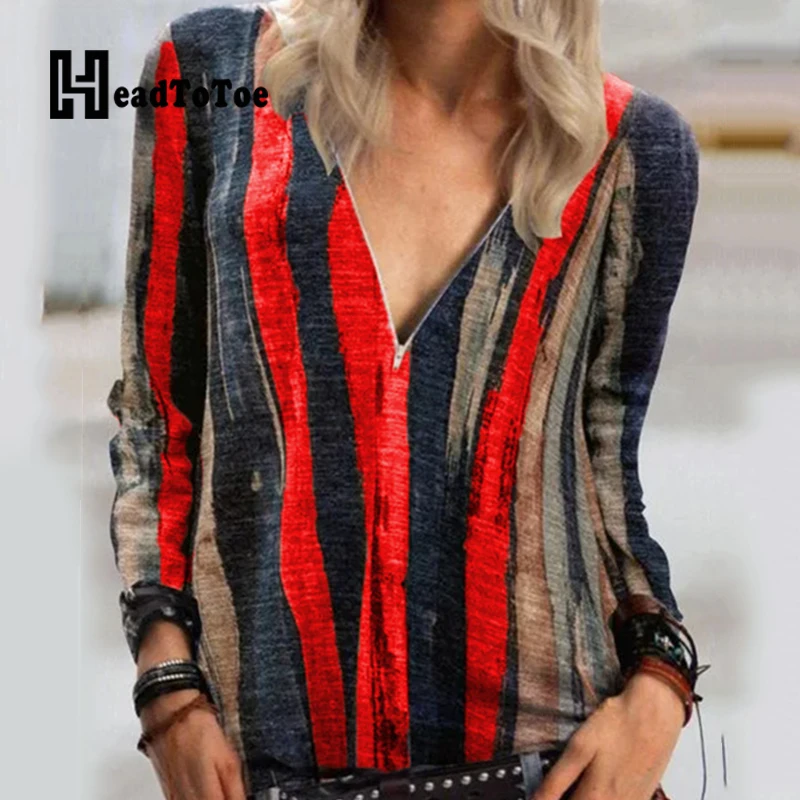 

Striped Colorblock Print Zip Casual Fashion Tops Women Full Sleeve V Neck Loose Pullover Woman