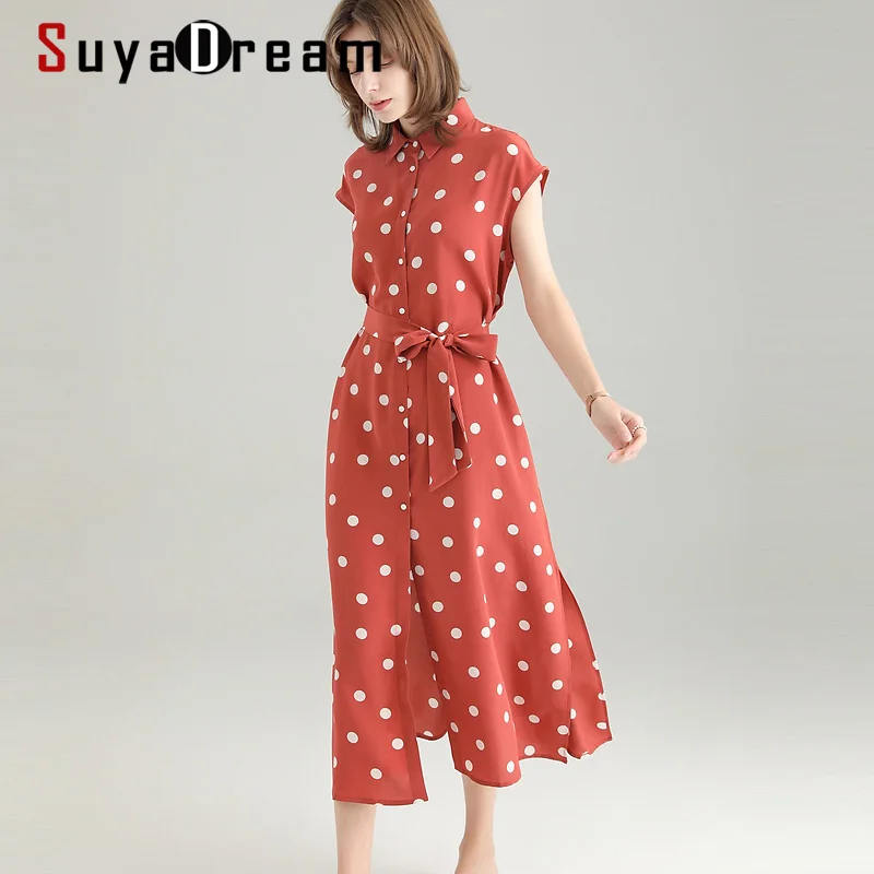 SuyaDream Woman Silk Maxi Dress 100%Silk Crepe Polka Dots Sashes Shirt Dress 2021 Red Long Summer Dresses
