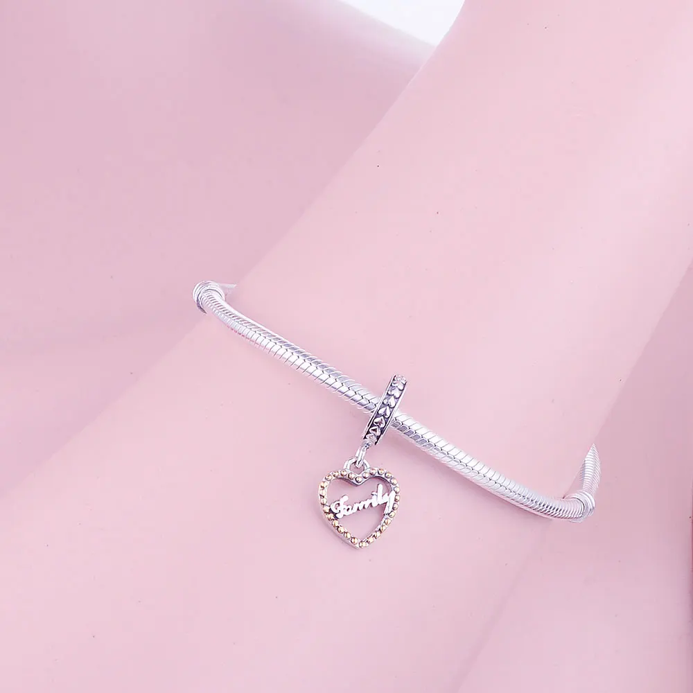

Berloque 925 Sterling Silver Gold Color Heart Dangle Charms Family Beads Fit Original Charms Bracelets Women Jewelry Making