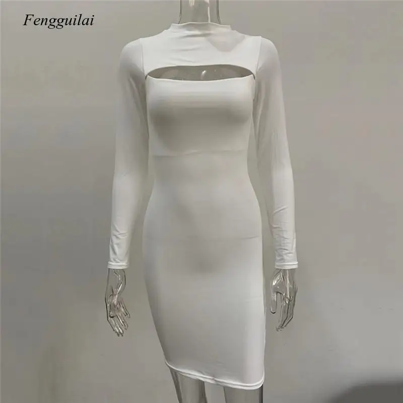 

Summer Cut Out Bandage Solid Color 2021 Women Sexy Long Seeve Bodycon Club Party Dress